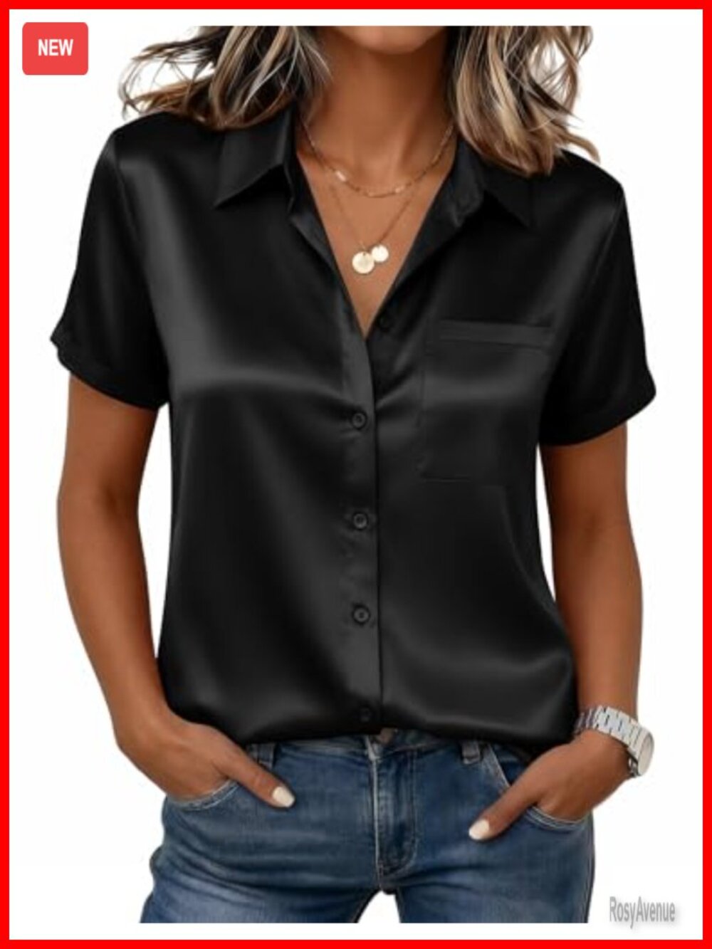 Satin Button Down Blouse Short Sleeve V Neck Women's Top
